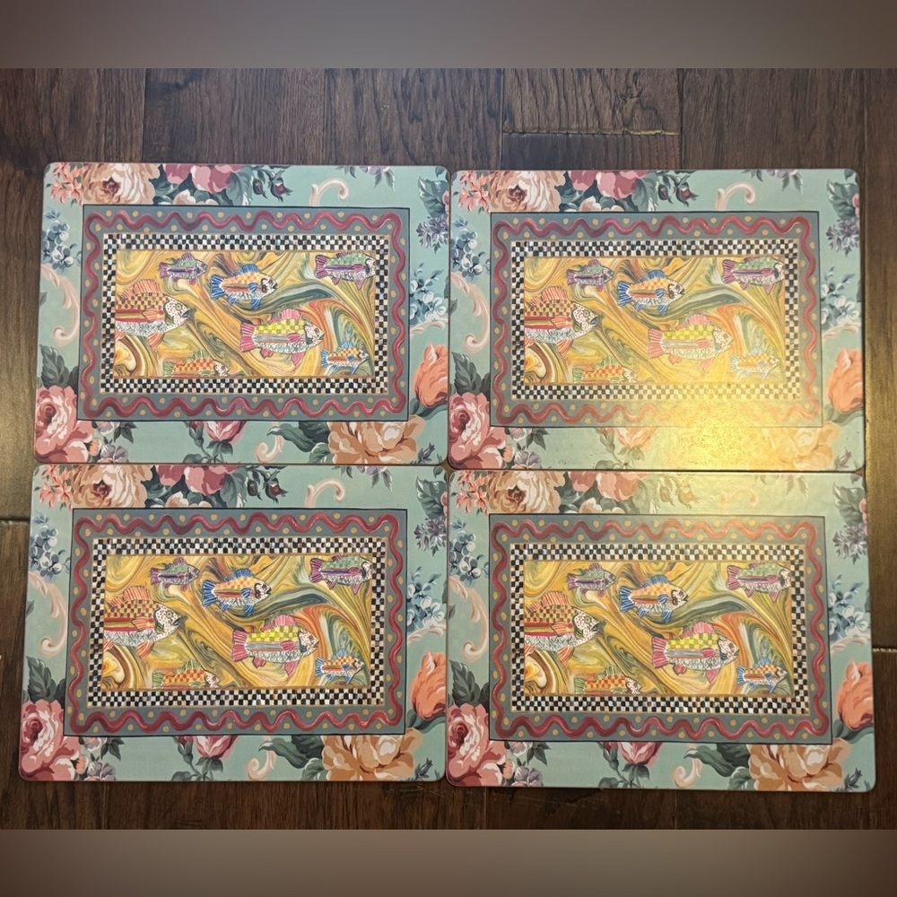 Set Of 4 MacKenzie-Childs Pimpernel "Go Fish" Fishes Floral cork-back placemats